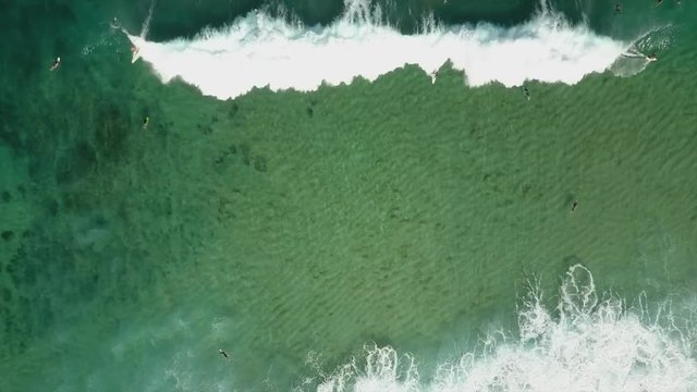 Surfers and waves top down from above. big ocean swell over reef.