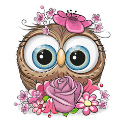 Cartoon Owl with flowerson a white background