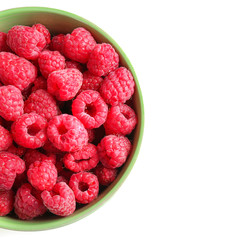 Bowl with ripe raspberries on white background