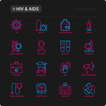 HIV and AIDs thin line icons set: safe sex, blood transfusion, syringe, antiviral drugs, physical examination, AIDs ribbon, blood test, microscope, genetic engineering. Modern vector illustration.