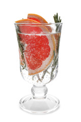 Fresh grapefruit cocktail with rosemary in glass on white background