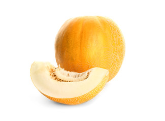 Cut and whole ripe sweet melons on white background