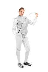 Young female fencer on white background