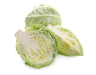 Fototapeta premium Whole and cut cabbages on white background