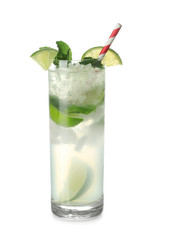 Glass of fresh mojito on white background