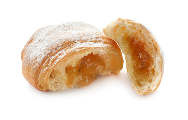 Tasty croissant with jam on white background