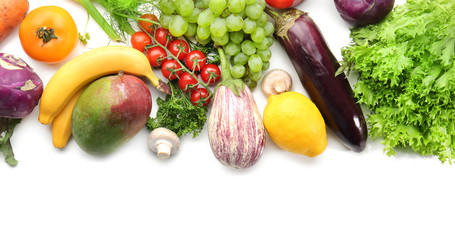 Composition with fresh vegetables and fruits on white background