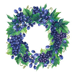 Watercolor wreath made of blue grape bunches and leaves