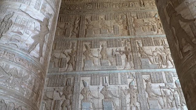 Interior of Dendera temple or Temple of Hathor. Egypt. Dendera, Denderah, is a small town in Egypt. Dendera Temple complex, one of the best-preserved temple sites from ancient Upper Egypt.