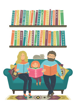 Family reads books. Mother, father and child read books on sofa on white background. Original vector illustration.