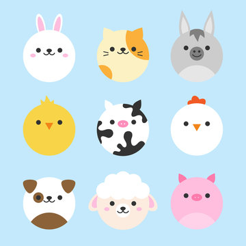 Cute vector icon set of domestic animals. Round animal illustrations; bunny, cat, donkey, chicken, cow, hen, dog, sheep and pig. Isolated on baby blue background.