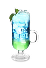 Glass of refreshing summer cocktail on white background