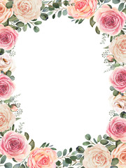 Watercolor floral wreath composition with roses and eucalyptus