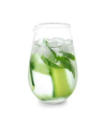 Jug of fresh cucumber water on white background