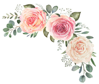 Watercolor floral bouquet composition with roses and eucalyptus