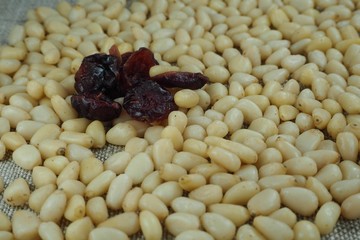 pine nuts with dried cranberries on sackcloth background