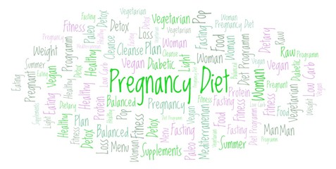 Word cloud with text Pregnancy Diet on a white background.
