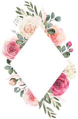 Watercolor floral frame composition with roses and eucalyptus