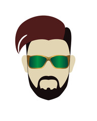 Head of male modern 2018 hairstyle with short beard and moustache gold-colored sunglasses with green glasses. Flat style vector icon or template.Transparent background.