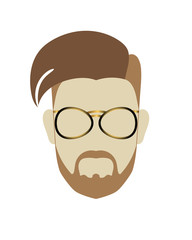 Male head hipster modern hairstyle 2018 with beard and moustache gold-colored glasses flat style. Icon or template for glasses advertisement.Transparent background.