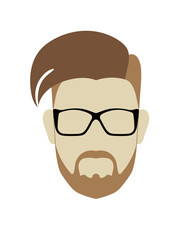 Male head modern hairstyle with crest and short beard hip black glasses. Flat style vector icon or template.Transparent background.