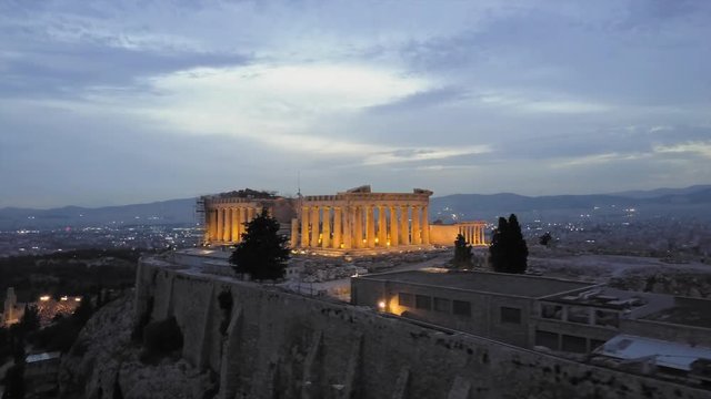 Athens Acropolis Parthenon in evening. Aerial drone view Greek capital