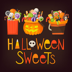 Paper bags and containers for collecting halloween treats full of sweets and candies. Vector illustration