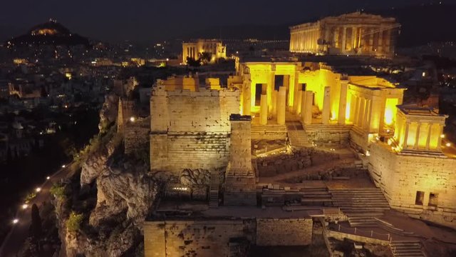 Athens Acropolis Parthenon at night. Beautifully lit up at night. Aerial view