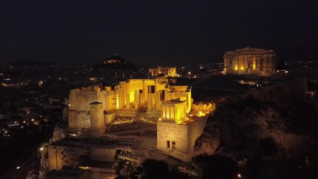Athens Acropolis Parthenon at night. Beautifully lit up at night. Aerial view