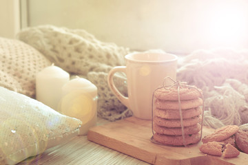 cozy Breakfast by the window. homemade cookies. Christmas cakes. Still life.