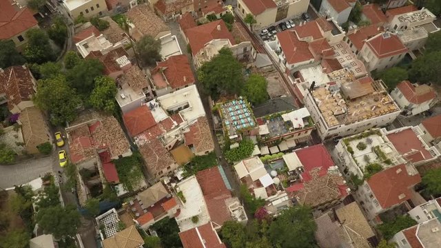 Athens City view and rooftops on cloudy day. City center aerial drone view