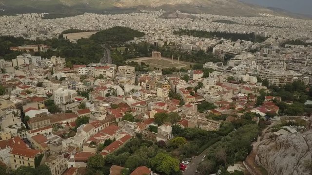 Athens City view and rooftops on cloudy day. City center aerial drone view