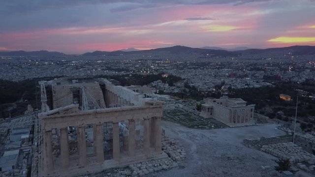 Sunset sky Athens and temples. Acropolis Parthenon in evening. Aerial drone view