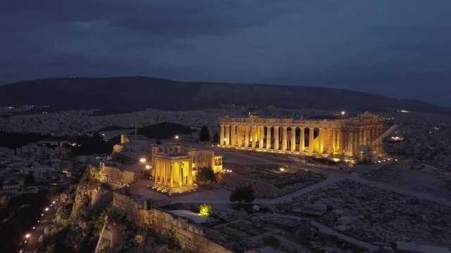 Athens Acropolis Parthenon in evening at sunset. beautifully lit up. drone view