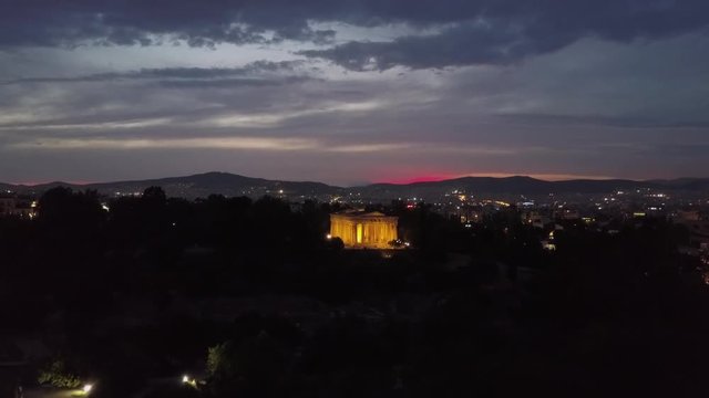 Sunset sky Athens and temples. Acropolis Parthenon in evening. Aerial drone view