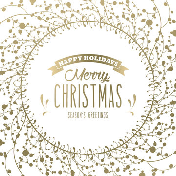 Golden luxury Christmas background with snowflakes and simple text Happy Holidays - Merry Christmas - season's greetings on white background.