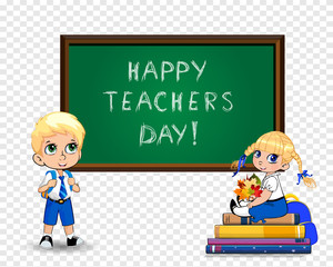 Happy teachers day greeting card clip art with cute cartoon school kids on transparent background