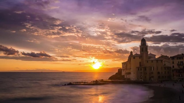 Time lapse sunset in camogli town in liguria north of italy stunning sunset