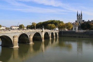Cath&eacute;drale Saint-Maurice d'Angers, Angers, france, river, province of Anjou, Maine , flowers, church, architecture, cathedral, travel, city, old, sky, tourism, gothic, landmark, historic, bridge,