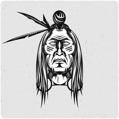 Indian chief. Black and white illustration. Isolated on light backgrond with grunge noise and frame.