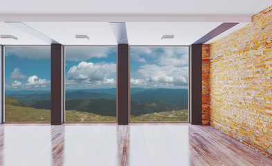 Interior of an empty office with brick walls. The building with large windows in the background of the mountains. 3D rendering.