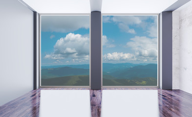 Interior of an empty office with concrete and glass walls. The building with large windows in the background of the mountains. 3D rendering.