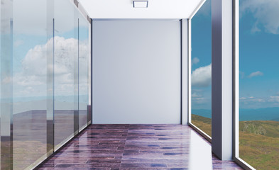 Interior of an empty office with concrete and glass walls. The building with large windows in the background of the mountains. 3D rendering.