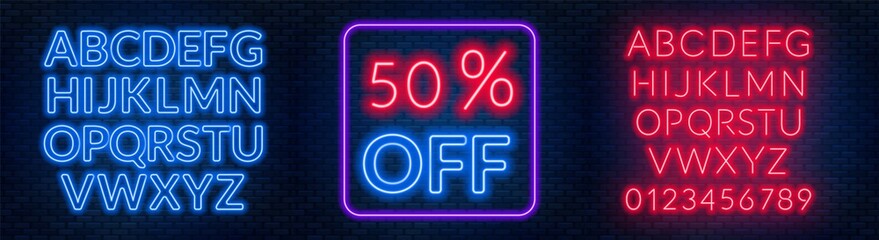 The template for the discount. Neon blue and red alphabets with numbers.