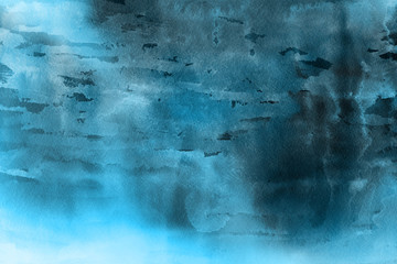 Blue winter watercolor ombre leaks and splashes texture on white watercolor paper background. Painted ice, frost and water.