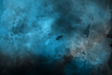 Blue winter watercolor ombre leaks and splashes texture on white watercolor paper background. Painted ice, frost and water.