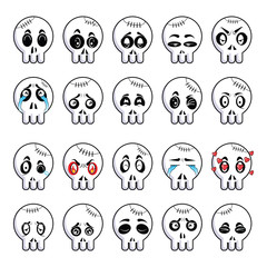 Set of different cartoon cute skulls.