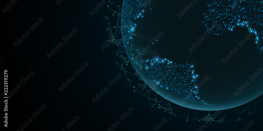 Poster futuristic planet earth with flying triangles. world map. blue lights. sci-fi and hi-tech. plexus pa