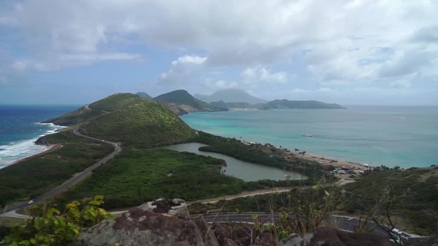 Landscape view of the Caribbean Sea and Atlantic Ocean looking south of St Kitts island from the top of Timothy Hill