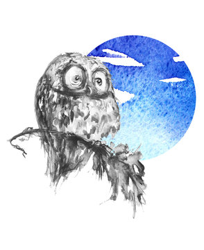 Watercolor drawing of an owl.
Art illustration, sticker, postcard, logo. Watercolor bird in the forest. Hand painted art illustration. Bird of an owl in the background of the moon, full moon, night.